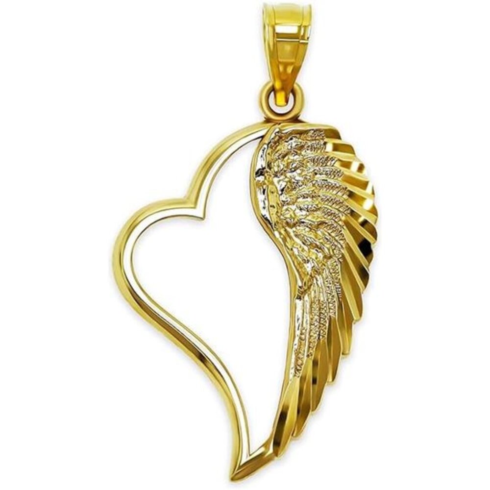 Gold Angel Wing inside Heart Charm - 10 Karat Solid Gold